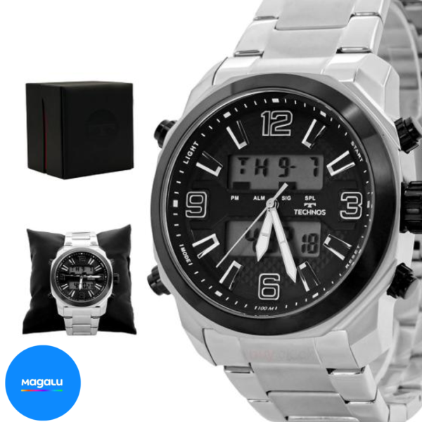 Relogio Masculino Technos Analogico Digital Aço Inoxidavel Prata Mostrador Preto Original Resistente a Agua 1 Ano de Garantia Y0908AAB1P