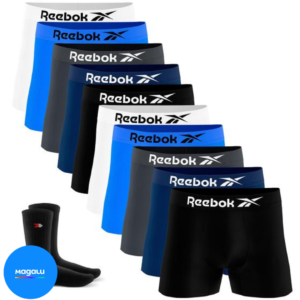 Kit 10 Cueca Boxer Reebok Sem Costura Box e 1 Par de Meias Sandrini