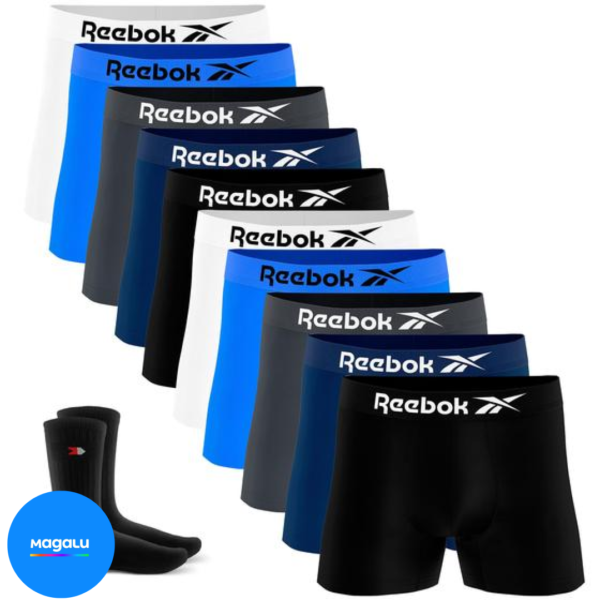 Kit 10 Cueca Boxer Reebok Sem Costura Box e 1 Par de Meias Sandrini