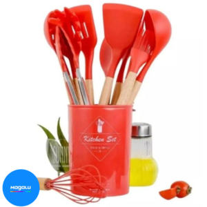 Jogo Kit Com 12 Peças Utensílios De Cozinha Colheres Espatulas Pegador Silicone Copo Suporte - Jodi