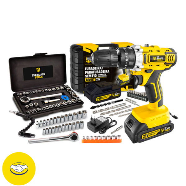 Furadeira Parafusadeira De Impacto 2 Baterias 21v 3/8 Tb-21pkx Com Jogo De Soquetes 40 Peças The Black Tools