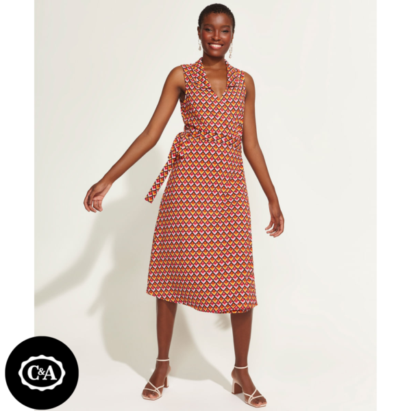 Vestido Feminino DVF Midi Envelope Estampado Geométrico Sem Manga Multicor