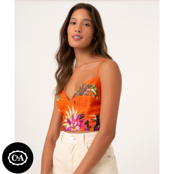 Regata Cropped de Algodão Estampada de Pássaros Alça Fina Decote V Laranja