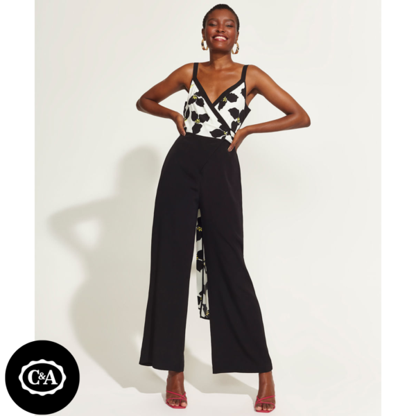 Macacão Feminino DVF com Transpasse Estampado Floral Alça Fina Preto