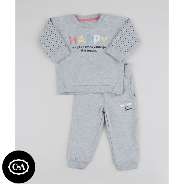 Conjunto Infantil Happy de Blusão + Calça em Moletom Cinza Mescla