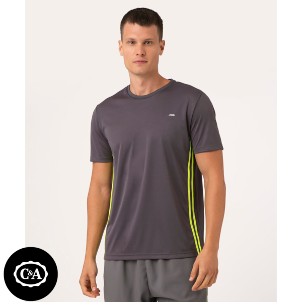 camiseta gola careca com listra lateral esportivo ace cinza escuro