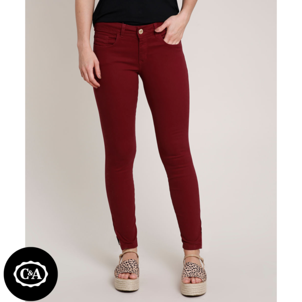 Calça de Sarja Feminina Skinny com Zíper na Barra Vinho