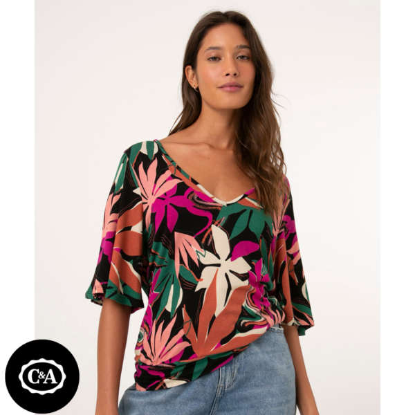 Blusa Blusê Estampada de Folhagem Manga Curta Ampla Decote V Preta
