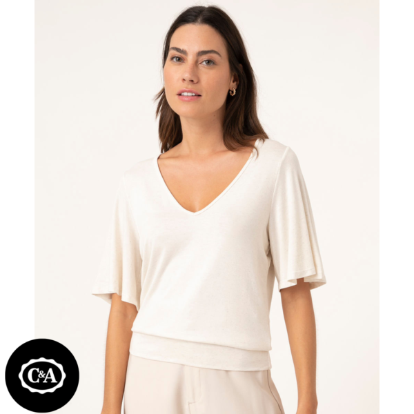 Blusa com Linho Manga Curta Ampla Decote V Bege Claro