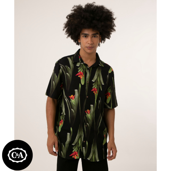 Camisa Masculina Estampada de Folhagem Manga Curta Preta