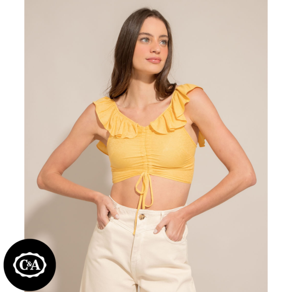 Regata Cropped de Viscose Alça com Babados Decote Redondo Amarela