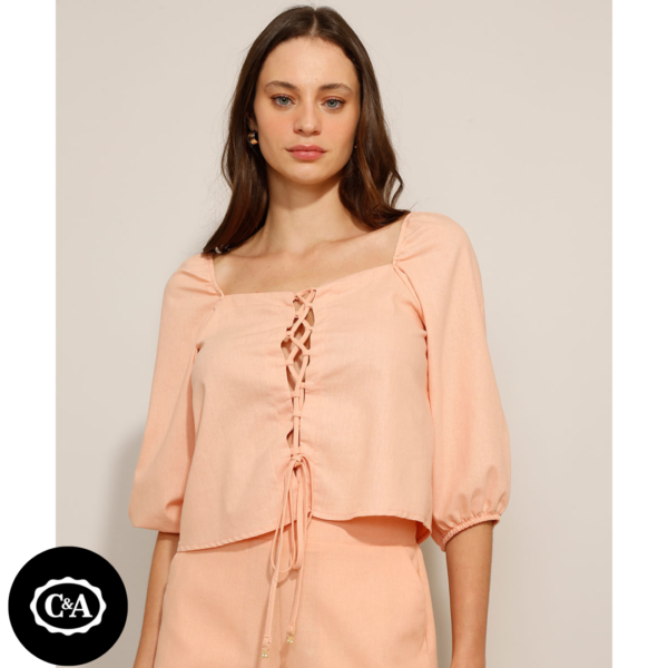 Blusa com Linho e Amarração Manga Bufante Decote Reto Rosa