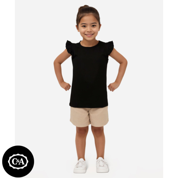 Blusa Infantil Canelada Manga Curta com Babado Preta