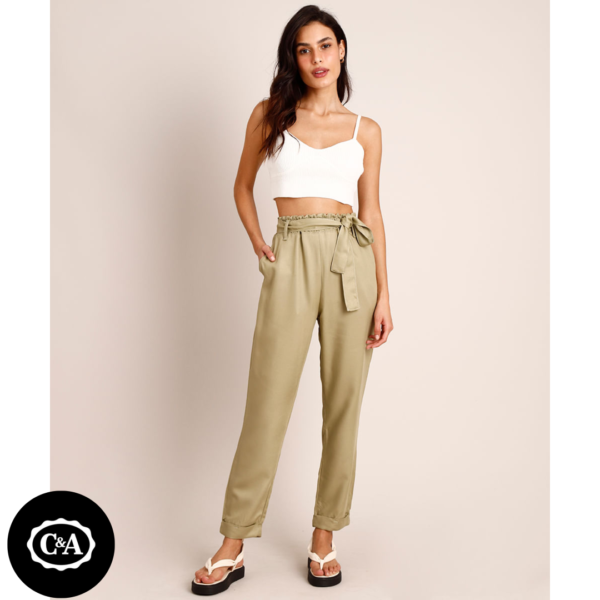Calça Clochard de Viscose Cintura Super Alta com Faixa para Amarrar Verde