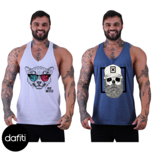 Kit 2 Regata Cavada Alto Conceito Esporte Fit Casual Básico Branco Leopardo 3D e Mescla Marinho Caveira Barbada