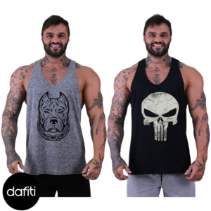 Kit 2 Regata Cavada Alto Conceito Esporte Fit Casual Básico Pitbull Nuno Mescla e Caveira Justiceiro Preto