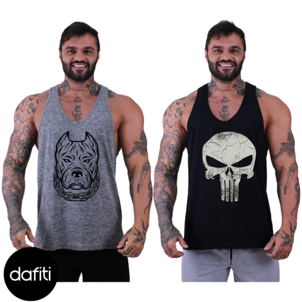 Kit 2 Regata Cavada Alto Conceito Esporte Fit Casual Básico Pitbull Nuno Mescla e Caveira Justiceiro Preto