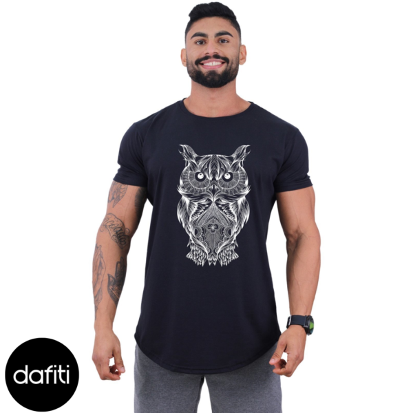Camiseta Longline Masculina MXD Conceito para Academia e Casual Algodão Coruja Mosaico