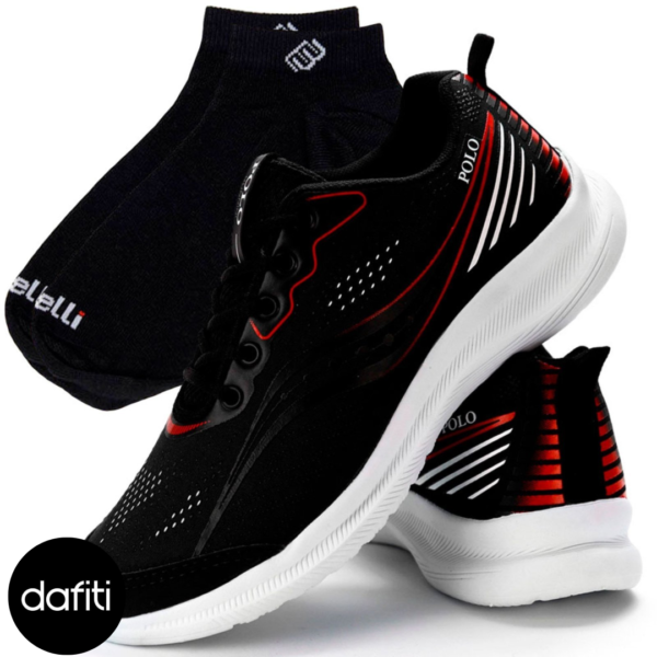 Kit Tênis Sapatofran Polo Running Corrida Academia Preto com Meia Preta