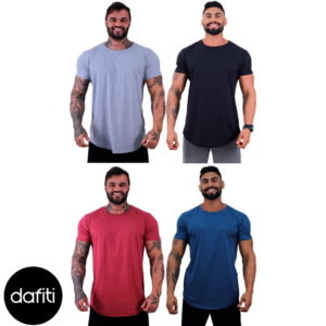 Kit 4 Camiseta Longline Masculina Alto Conceito Slim Verde Mescla, Preto, Mescla Vermelho e Mescla Marinho