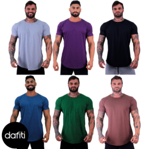 Kit 6 Camiseta Longline Masculina Alto Conceito Slim Mescla, Violeta, Preto, Mescla Marinho, Verde e Cacau