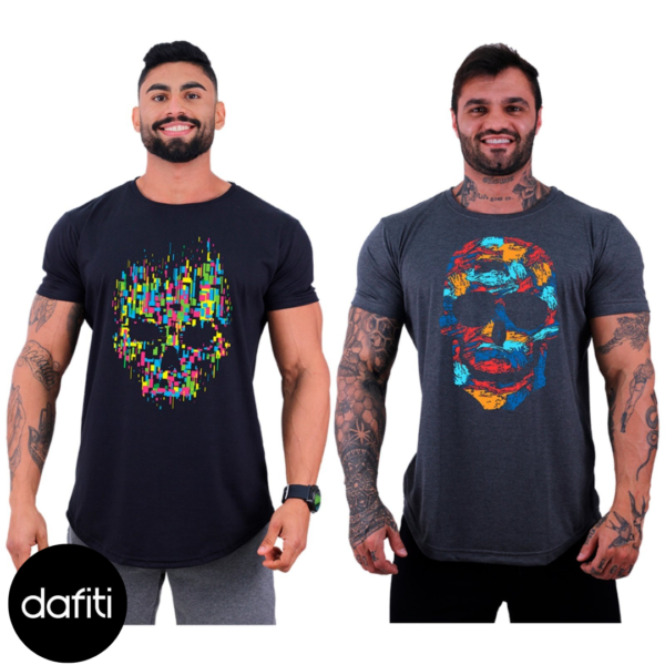 Kit 2 Camiseta Longline Masculina Alto Conceito Slim Preto e Grafite Caveiras