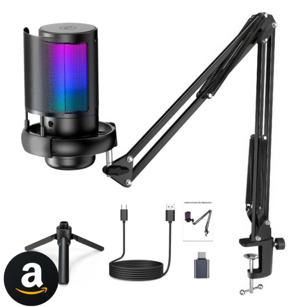 Microfone USB Gaming PC, Microfone RGB para PC/Notebook, Mic with Boom Arm, Microphone Condensador de mesa/Braço, Live, Podcast, Gravação de Audio, Karaoke, Gamer Youtuber DJ
