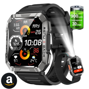 Smartwatch,Relógio Inteligente Militar Masculino,My Watch de Chamadas Bluetooth,Bateria de 100 dias,Lanterna, Rastreamento de passos,Esportes ao ar Livre Smart Watch(Preto)