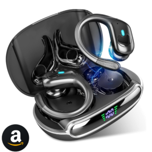 Fones de Ouvido Bluetooth Sem Fio, 60h de Reprodução com LED Display, Esportivos com Gancho, IPX5 à Prova d'Água, Graves Profundos, Compatível com iOS e Android, Preto