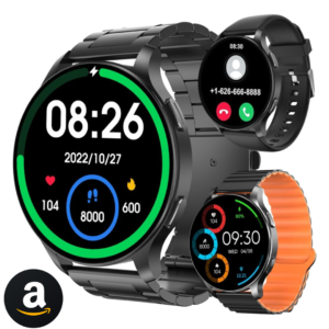 Smartwatch com Tela Full Touch 1.45", IP68, Compatível com iOS e Android, 120+ Modos Esportivos e Recebimento de Notificações, Faz e Recebe Ligações, Assistente de Voz, Unissex, 3 Pulseiras (Preto)