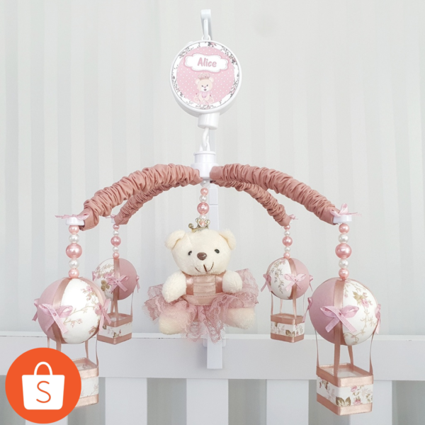 Mobile Para Berço Musical Giratório Princesa Balão Rosé