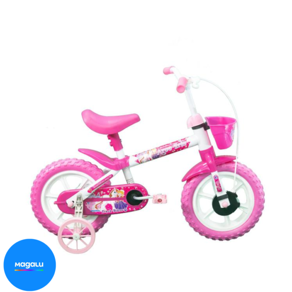 Bicicleta Aro 12 Infantil Track Bikes Arco Iris W Branco e Fucsia com Rodinhas e Cesta