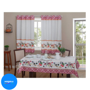 Cortina para Cozinha Sultan Branco e Rosa - Casa Alegre Amora 140x200cm com Toalha de Mesa