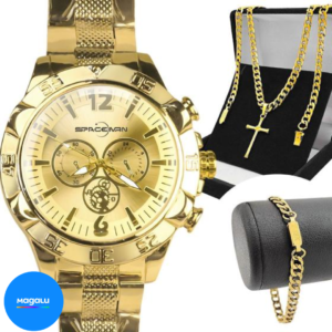 Relogio Masculino Prova Dagua Dourado + Pulseira grande resistente original aço inoxidável robusto pesado presente - Orizom