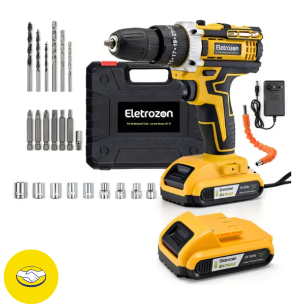 Kit Parafusadeira Furadeira De Impacto Profissional Com Luz 2 Baterias 24v Com Maleta + Acessórios