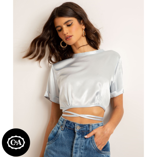 Blusa Cropped de Cetim com Amarração Manga Curta Decote Redondo Azul