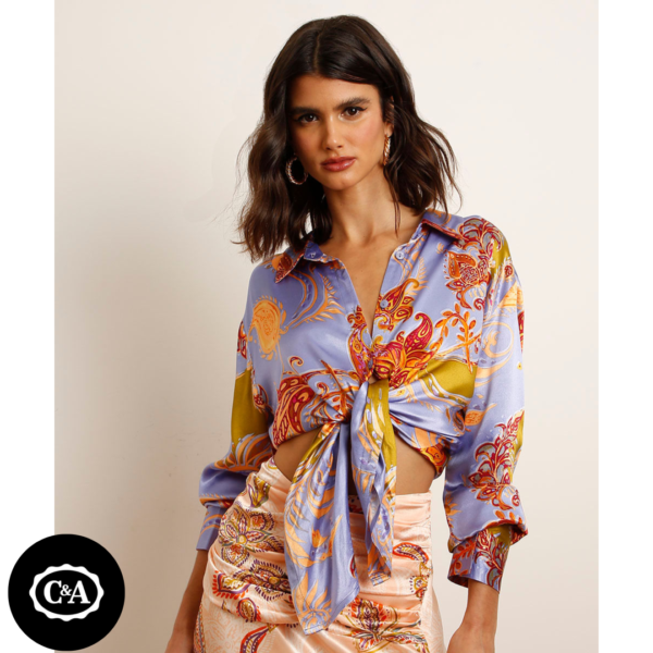Camisa Ampla de Cetim Estampada Lilac Paisley manga Longa Lilás