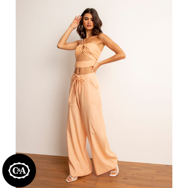 Calça Pantalona com Amarração Cintura Super Alta Coral