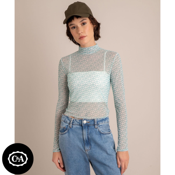 Blusa de Tule Estampada Quadriculada Floral Manga Longa Gola Alta Azul