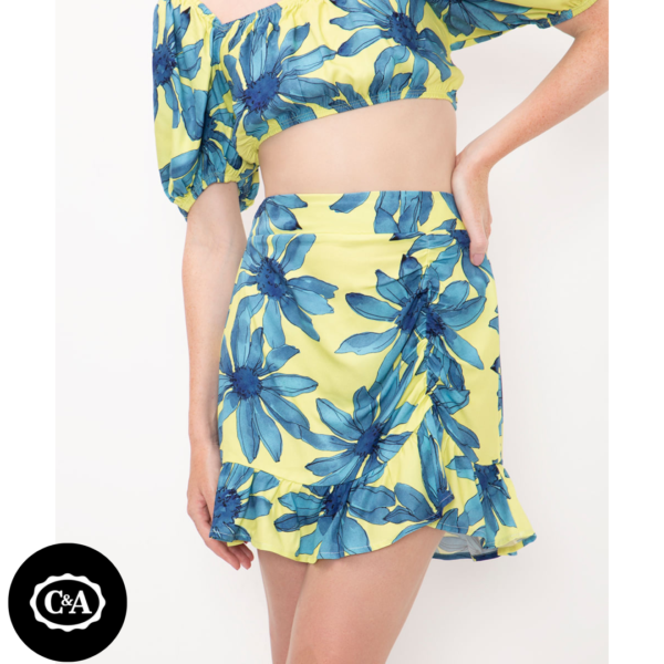 minissaia estampada floral com babado verde