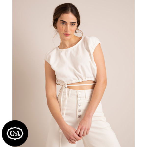 Blusa Cropped de Sarja com Amarração Manga Bufante Decote Redondo Off White