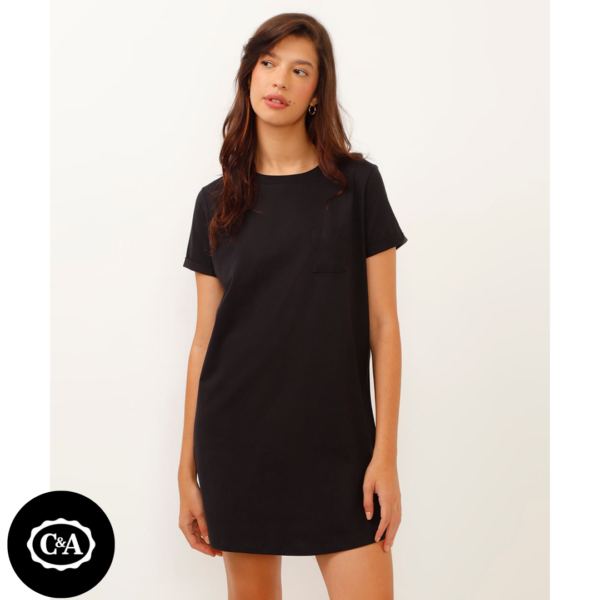 vestido curto de algodão básico manga curta decote redondo com bolso preto