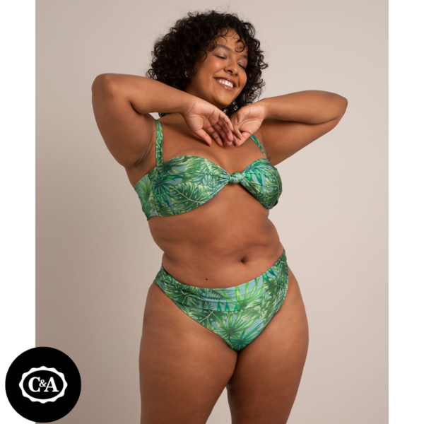 biquíni calcinha plus size estampado folhagem cós com franzido uv50+ verde