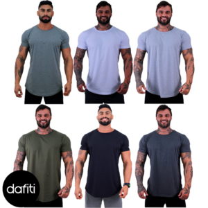 Kit 6 Camiseta Longline Masculina Alto Conceito Slim Mescla Escuro, Branco, Mescla, Verde Militar, Preto e Grafite
