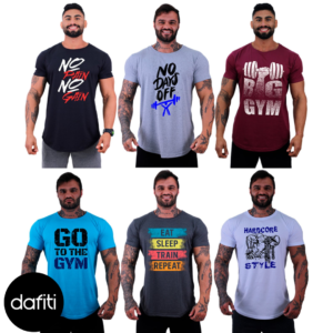 Kit 6 Camiseta Longline Masculina Alto Conceito Slim Preto, Mescla, Bordô, Azul Piscina, Grafite e Branco