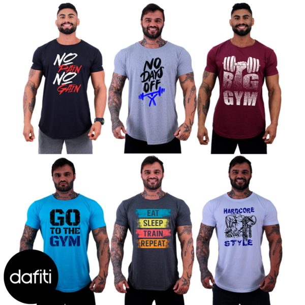 Kit 6 Camiseta Longline Masculina Alto Conceito Slim Preto, Mescla, Bordô, Azul Piscina, Grafite e Branco