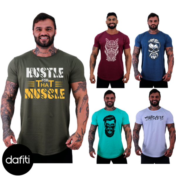 Kit 5 Camiseta Longline Masculina Alto Conceito Slim Bordo Branco e Azul Caveiras e Letreiros