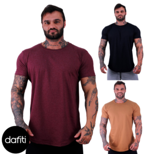 Kit 3 Camiseta Longline Masculina MXD Conceito para Academia e Casual Slim Preto, Mescla Bordô e Caramelo