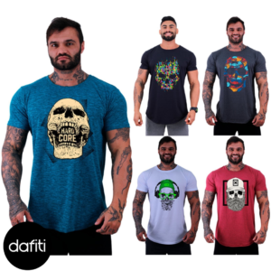 Kit 5 Camiseta Longline Masculina Alto Conceito Slim Azul, Preto, Grafite, Branco e Mescla Vermelho Caveiras