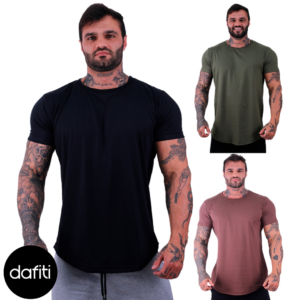 Kit 3 Camiseta Longline Masculina MXD Conceito para Academia e Casual Slim Preto, Verde Militar e Cacau
